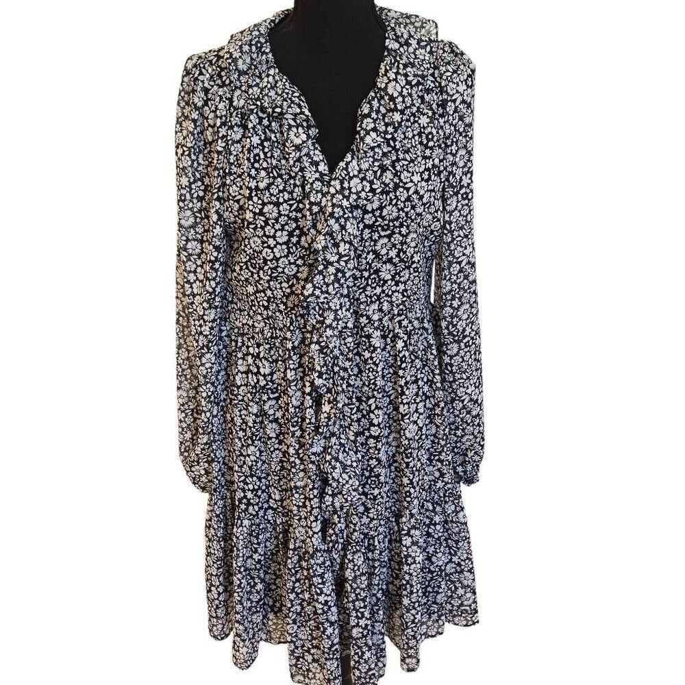 Tommy Hilfiger Womens Floral Ruffle Long Sleeve Chiffon Dress Navy White Size 12